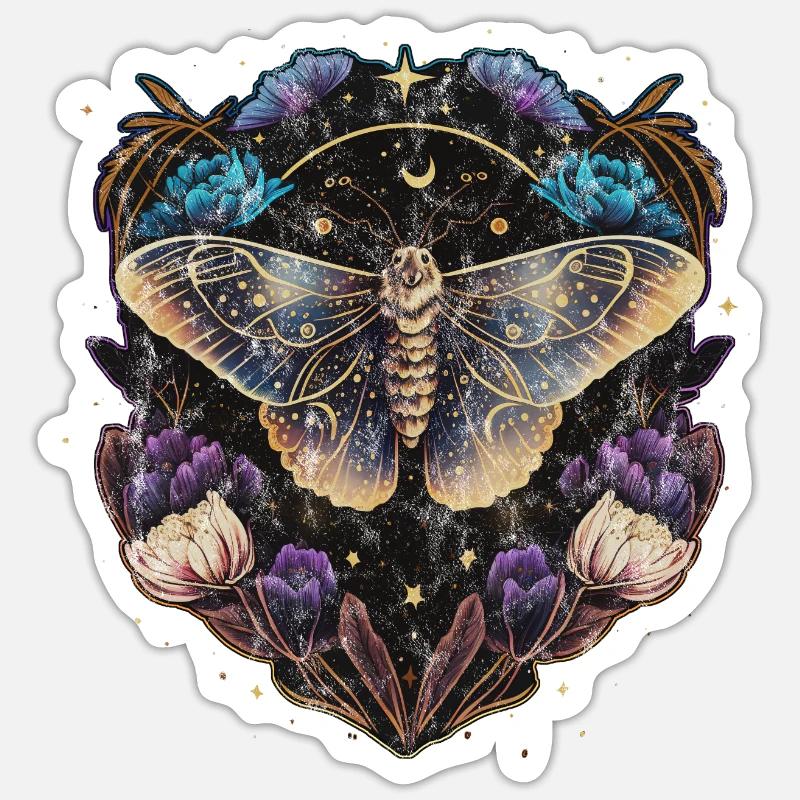 Moth, papillon de nuit, fleurs, lune, gothique, wicca Sticker taille S (10 x 10 cm)