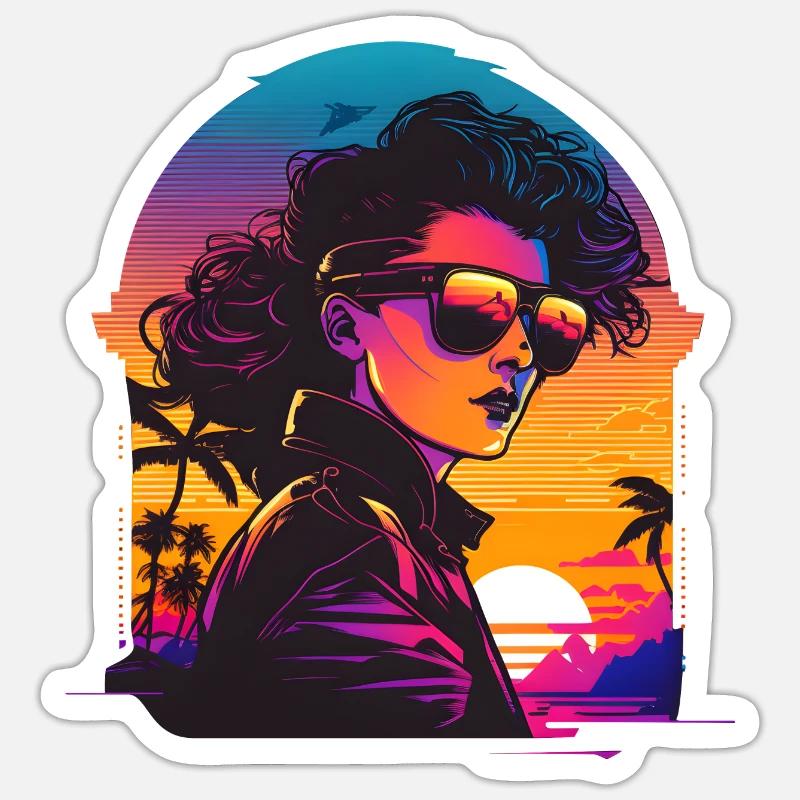 Synthwave woman Sunset - Sticker Größe S (10 x 10 cm) - Mattweiß