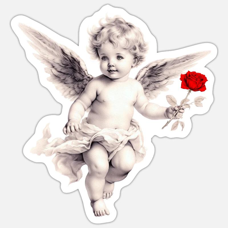Cupid with Rose - Sticker size S (10 x 10 cm) - white matte