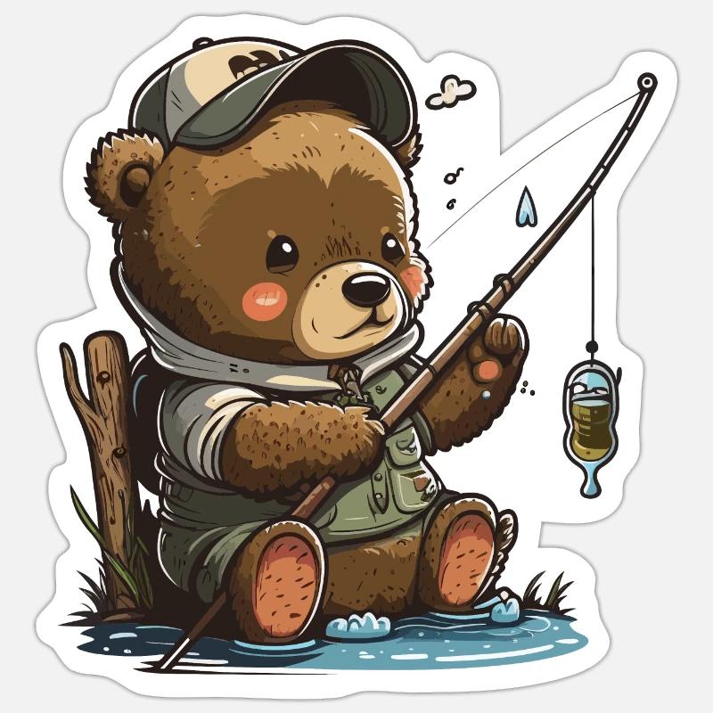 Ours de pêche - Sticker taille S (10 x 10 cm) - blanc mat