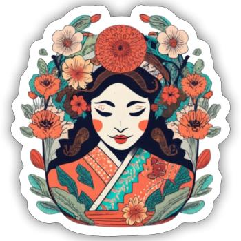 Porträt einer Blumenfrau, inspiriert von japanischer Kunst - Sticker Größe S (10 x 10 cm) - Mattweiß - Vorne