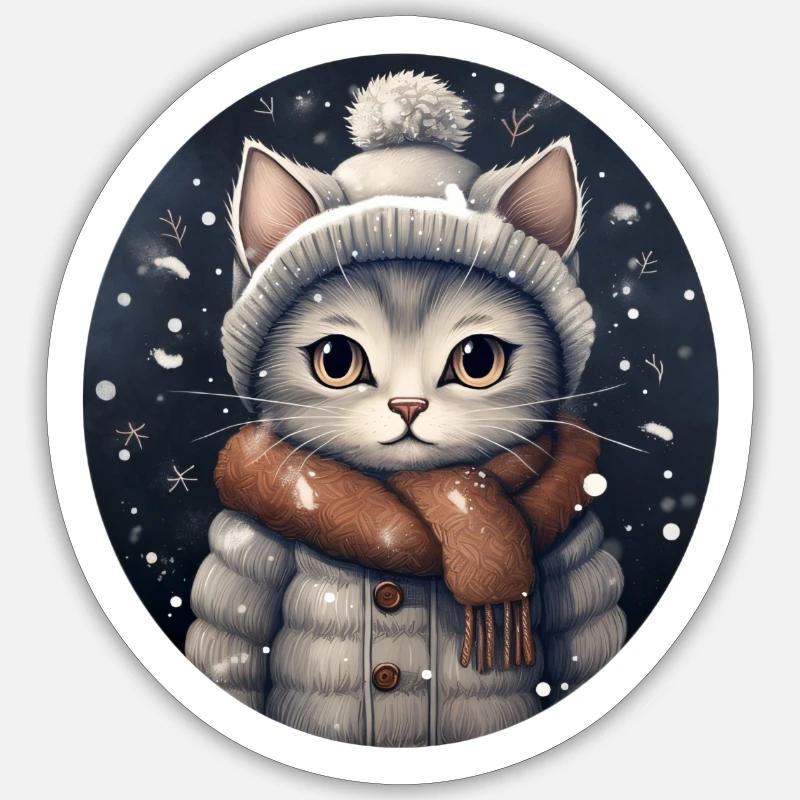 Cat with hat, scarf and jacket in snowfall Sticker size S (10 x 10 cm)