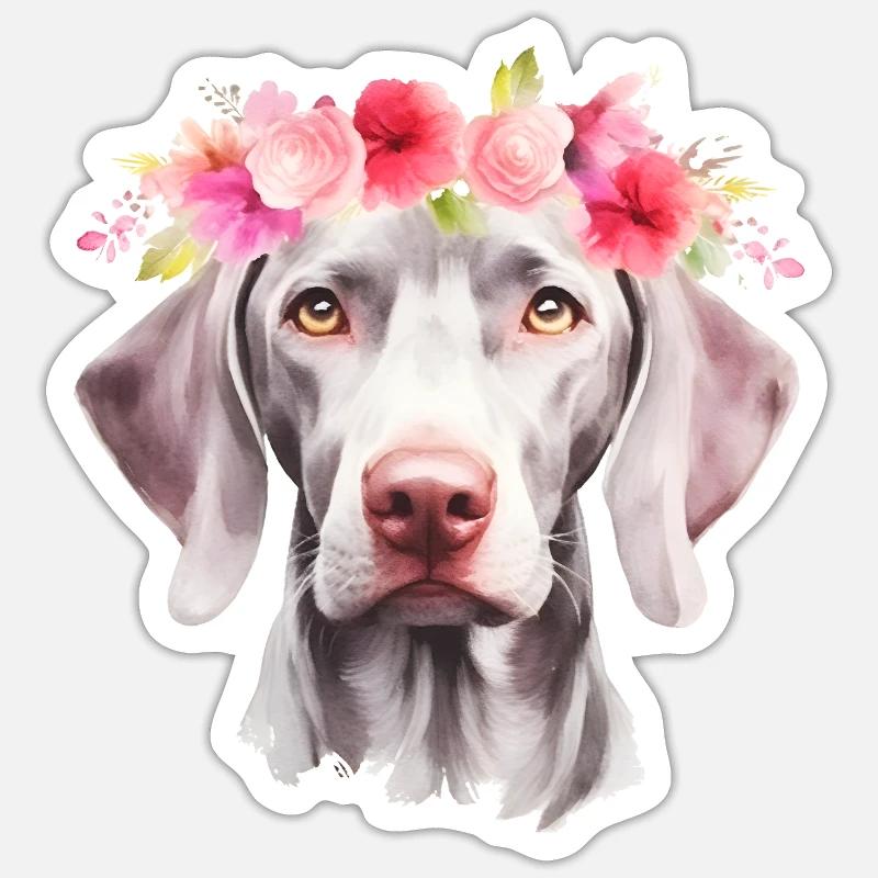 Chien de braque de Weimar avec Portrait de Couronne de fleurs Sticker taille S (10 x 10 cm)