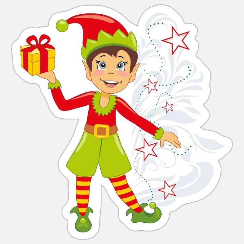 Happy elf with a gift - Sticker size S (10 x 10 cm) - white matte