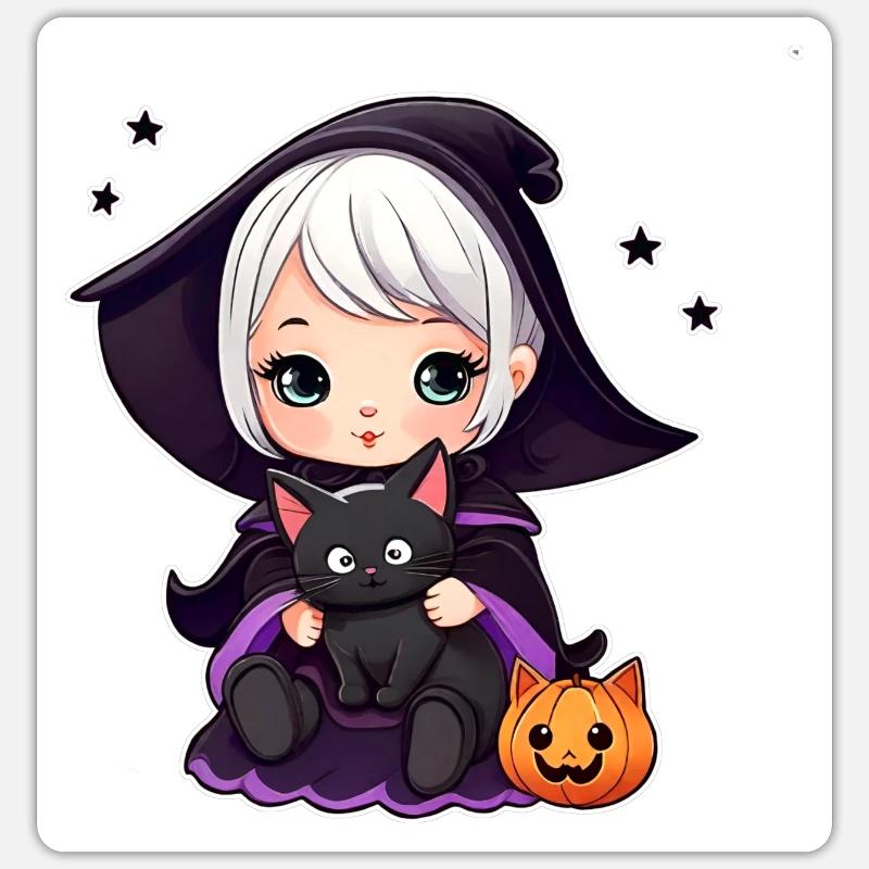 Sorcière mignonne avec chat noir Sticker taille S (10 x 10 cm)