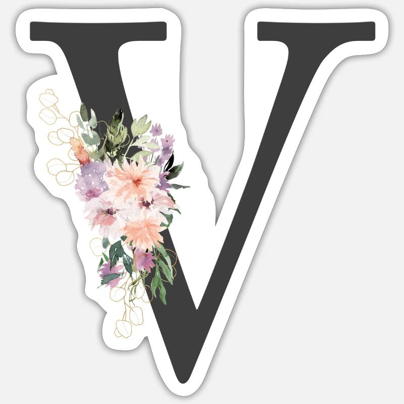 Letter V, Monogram, Flowers - Sticker size S (10 x 10 cm) - white matte