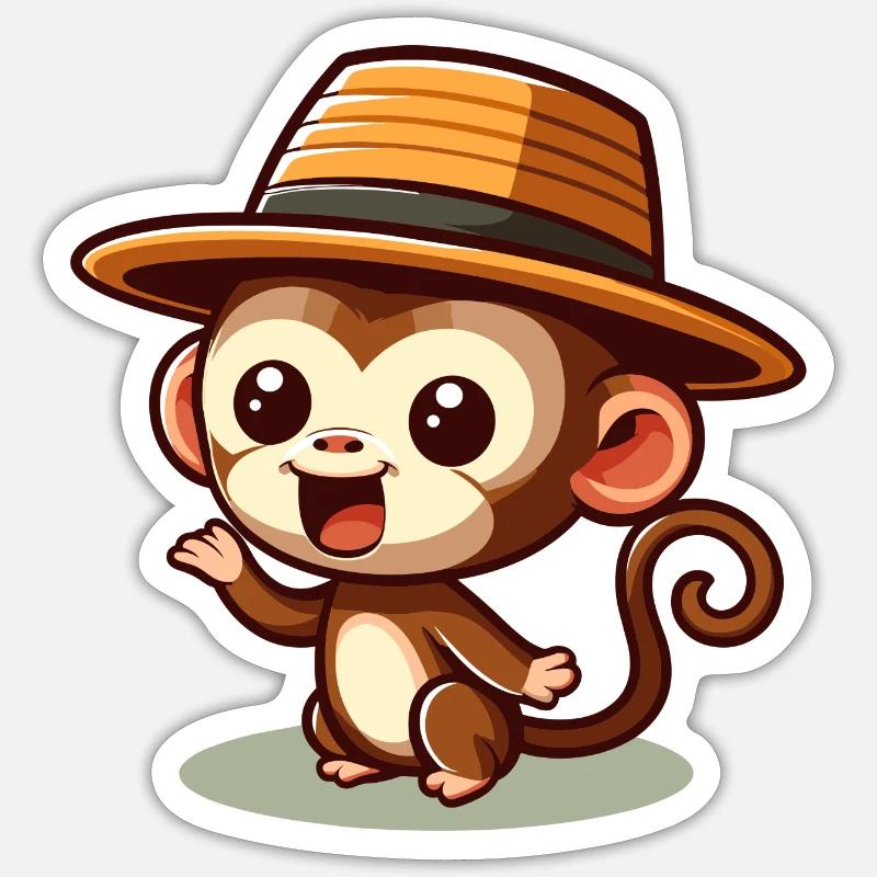 Dessin animé de singe mignon avec chapeau - Sticker taille S (10 x 10 cm) - blanc mat