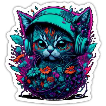 Chat bébé dans la mer de fleurs, en écoutant de la musique - Sticker taille S (10 x 10 cm) - blanc mat - Devant