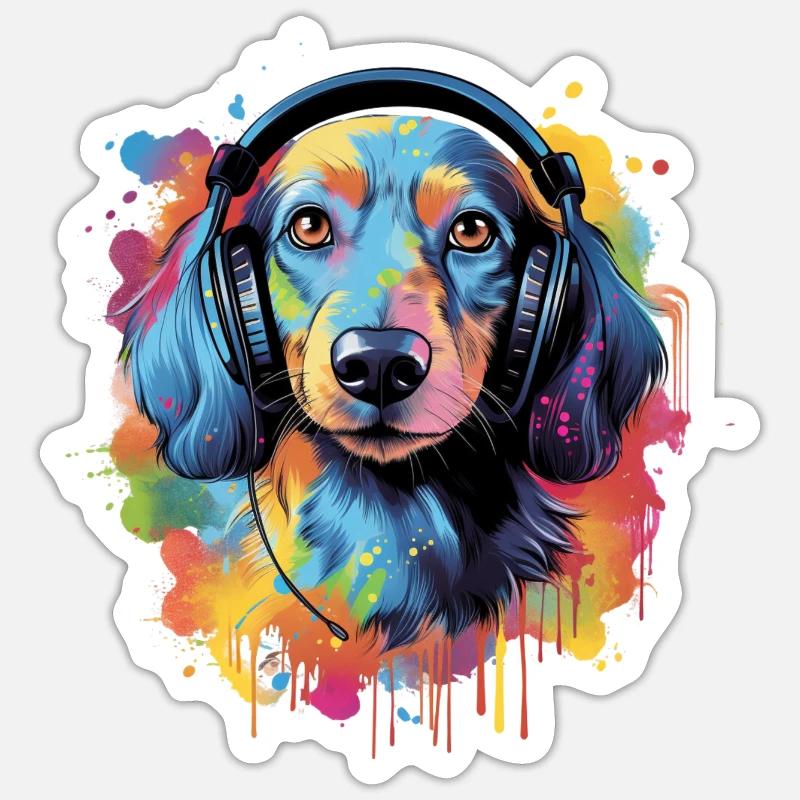 Bunter Dackel mit Kopfhörer Sticker Größe S (10 x 10 cm)