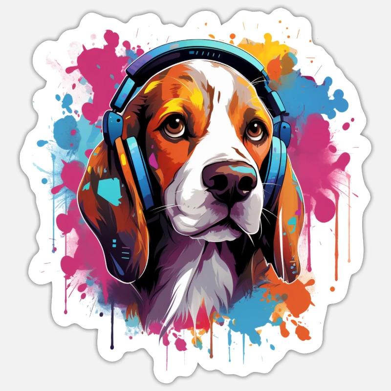 Bunter Beagle mit Kopfhörer Farbspritzer Sticker Größe S (10 x 10 cm)