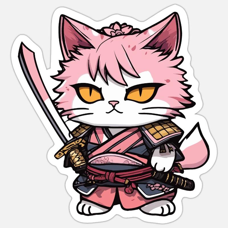 Samurai Katze & Kirschblüten #13 - Sticker Größe S (10 x 10 cm) - Mattweiß