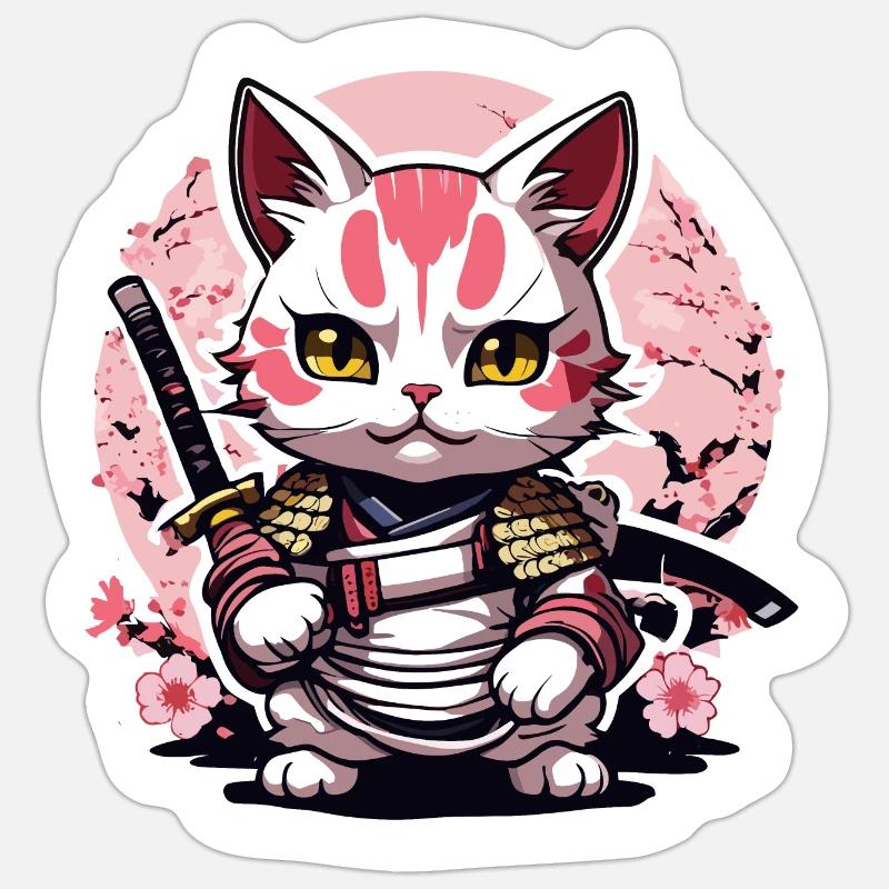 Samurai Katze & Kirschblüten #4 Sticker Größe S (10 x 10 cm)