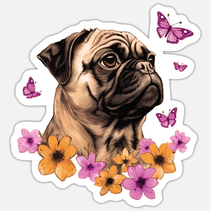 Carlin avec papillons - Sticker taille S (10 x 10 cm) - blanc mat