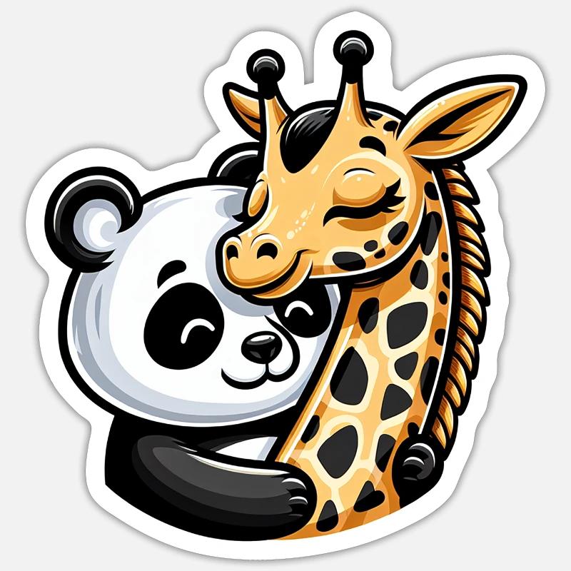 Panda Câlin Et Girafe Amoureuse - Sticker taille S (10 x 10 cm) - blanc mat
