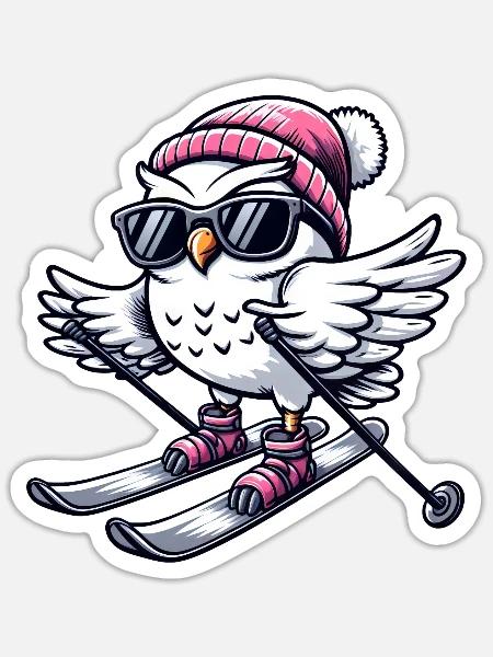 Schneeeule Skifahrer, Winterurlaub Charme - Sticker Größe S (10 x 10 cm) - Mattweiß