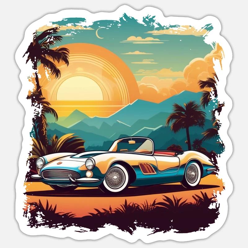 Oldtimer Sonnenuntergang - Sticker Größe S (10 x 10 cm) - Mattweiß