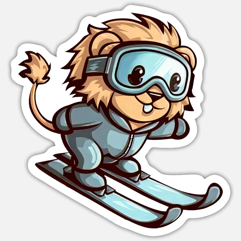 Löwe auf Ski Winterabenteuer - Sticker Größe S (10 x 10 cm) - Mattweiß