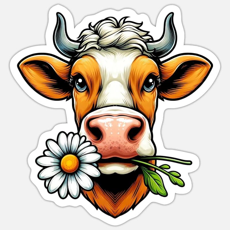 Vache avec une fleur de marguerite dans sa bouche fleurs - Sticker taille S (10 x 10 cm) - blanc mat