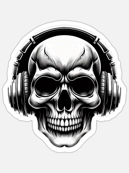 Totenkopf Kopfhörer T-Shirt Musik - Sticker Größe S (10 x 10 cm) - Mattweiß