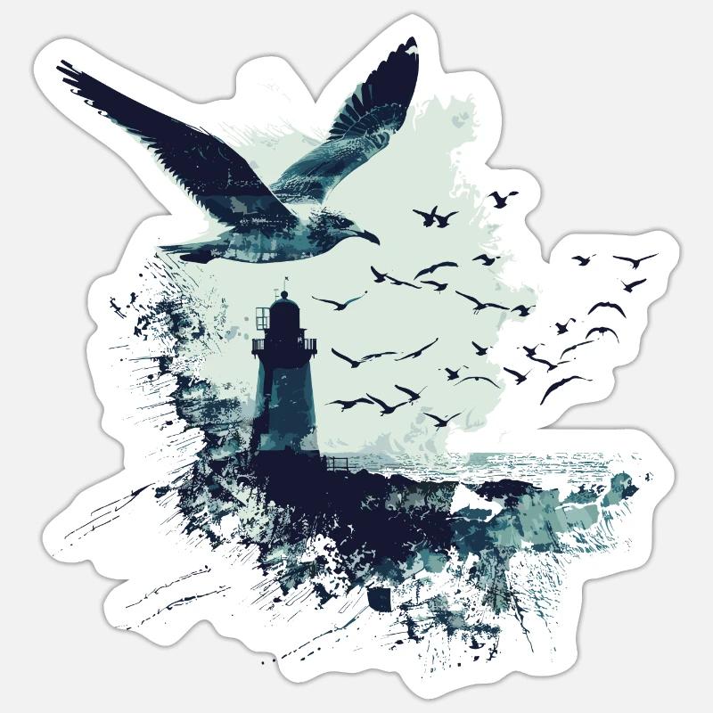 Phare d'oiseaux marins mouette - Sticker taille S (10 x 10 cm) - blanc mat