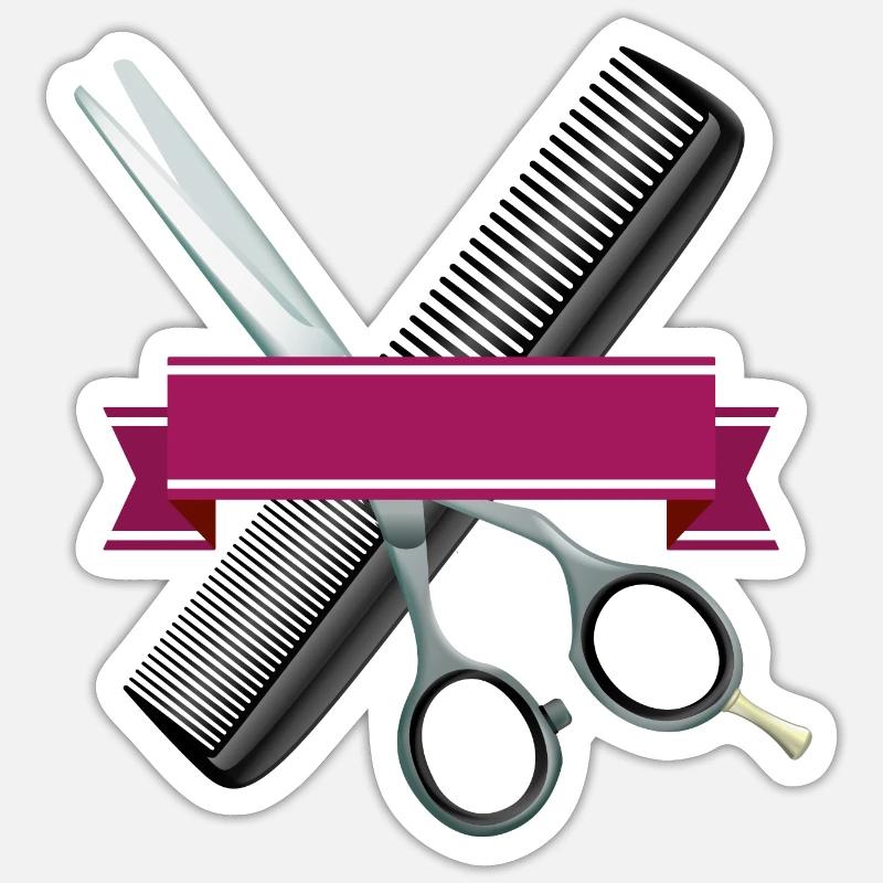 Ciseaux de coiffure avec peigne et ruban violet - Sticker taille S (10 x 10 cm) - blanc mat