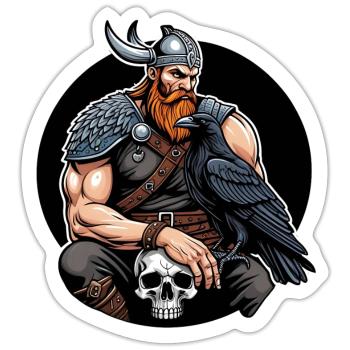 Wikinger mit Schädel und Rabe - Sticker Größe S (10 x 10 cm) - Mattweiß - Vorne