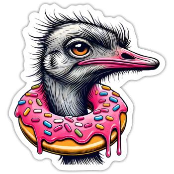 drôle de festin pour les yeux - Oiseau autruche avec beignet - Sticker taille S (10 x 10 cm) - blanc mat - Devant