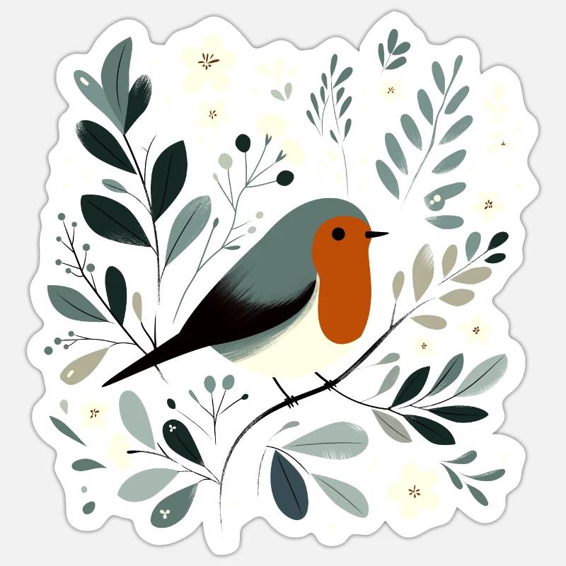 Rotkehlchen mit Blumen - Sticker Größe S (10 x 10 cm) - Mattweiß