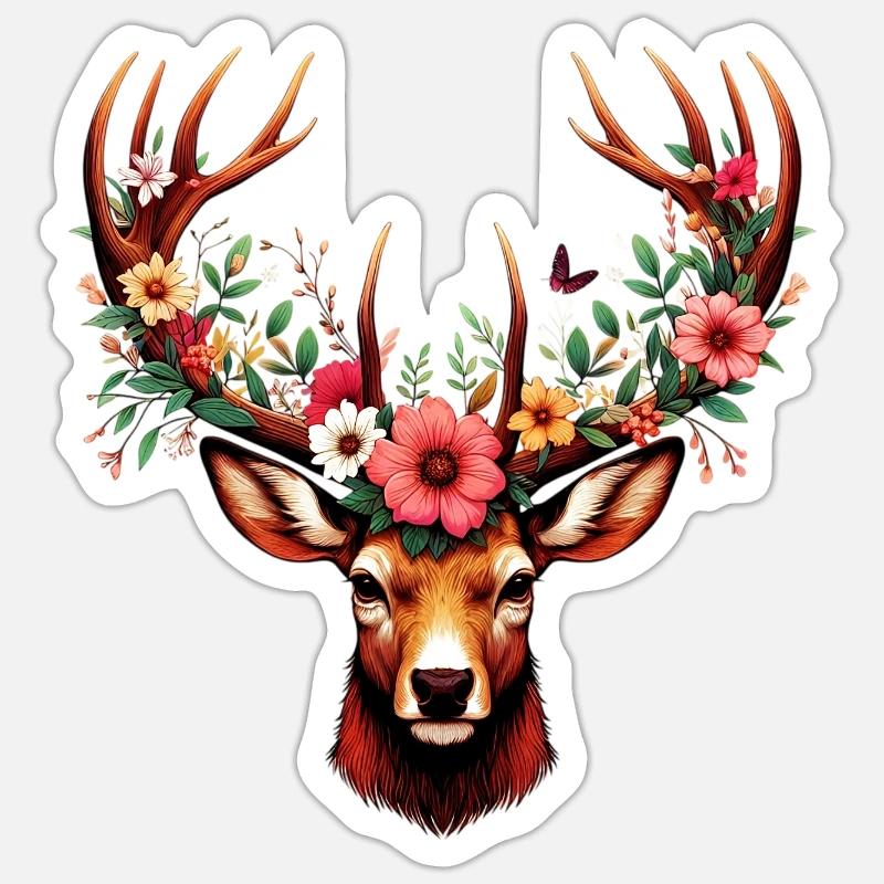Hirsch mit Blumen - Sticker Größe S (10 x 10 cm) - Mattweiß