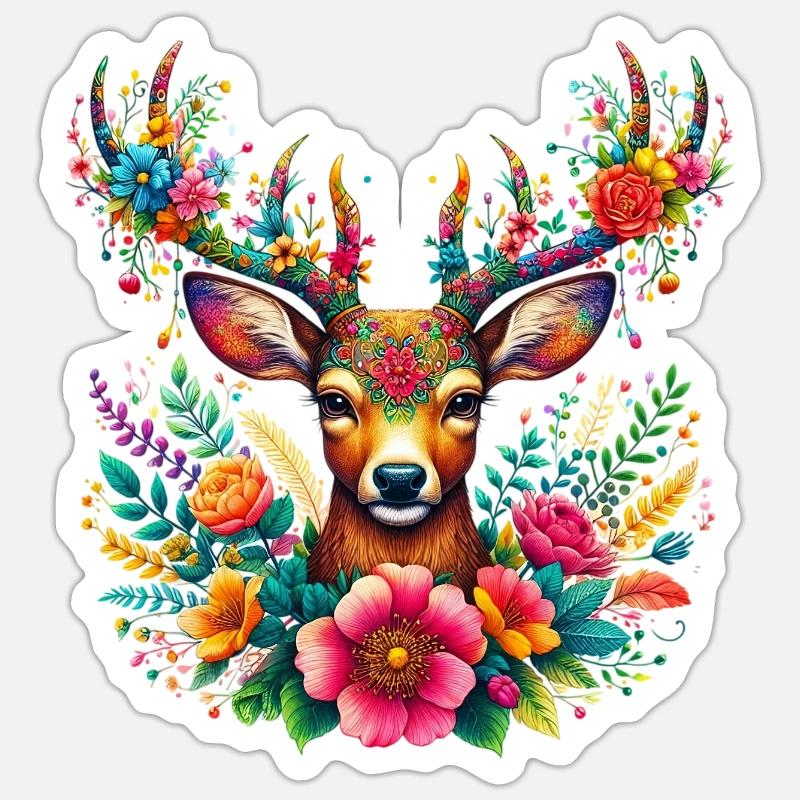 Cerf décoré de fleurs Sticker taille S (10 x 10 cm)