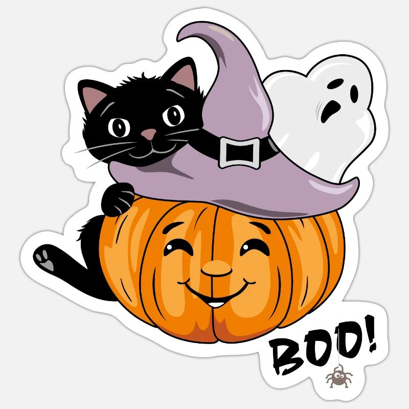 Smiling pumpkin with black cat and ghost - Sticker size S (10 x 10 cm) - white matte