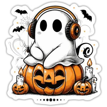 cool ghost with headphones on halloween pumpkin - Sticker size S (10 x 10 cm) - white matte - Front