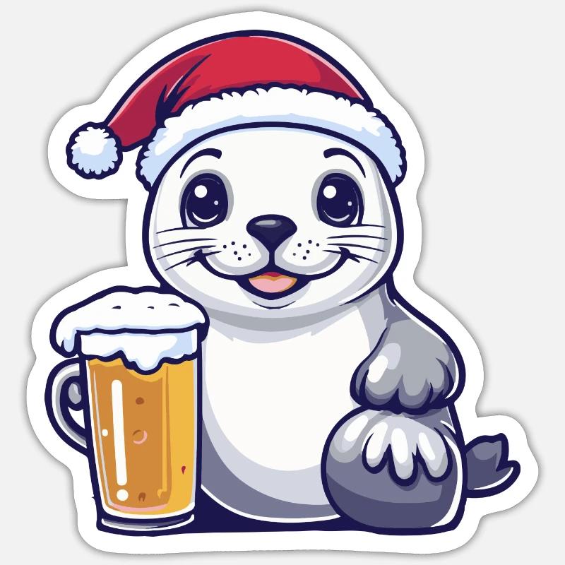 Robbe Tier Weihnachten Bier - Sticker Größe S (10 x 10 cm) - Mattweiß