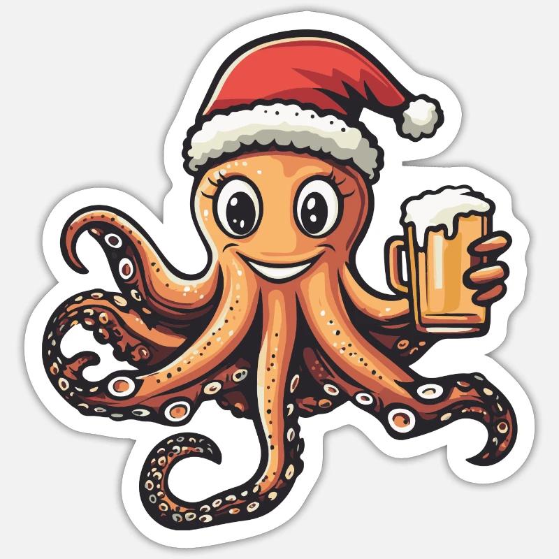 Bière de Noël Octopus - Sticker taille S (10 x 10 cm) - blanc mat