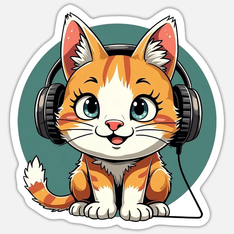 Niedliche Katze mit Kopfhörer - Musik hören - Sticker Größe S (10 x 10 cm) - Mattweiß