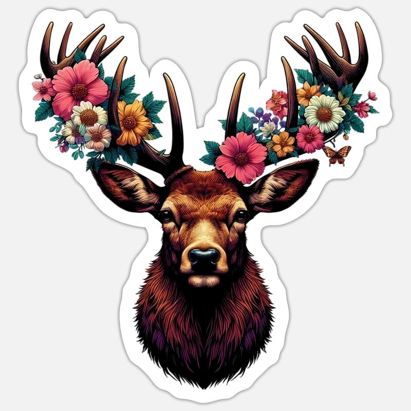 Deer with Flowers - Sticker size S (10 x 10 cm) - white matte