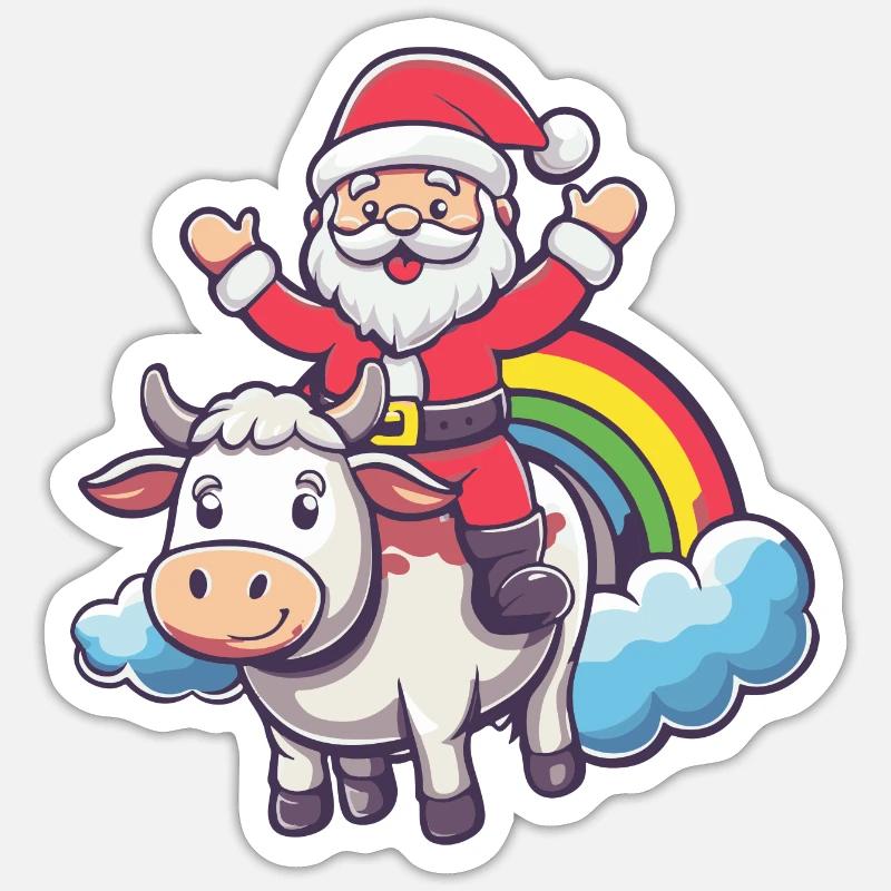 Kuh Weihnachtsmann Regenbogen - Sticker Größe S (10 x 10 cm) - Mattweiß