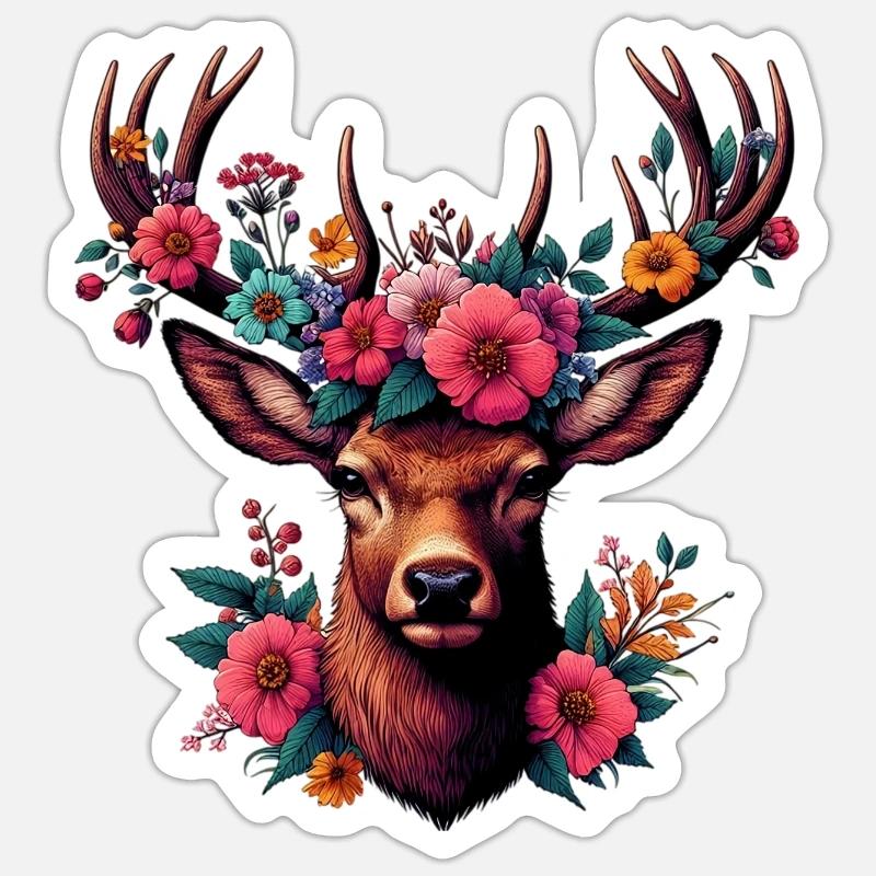 Cerf avec des fleurs - Sticker taille S (10 x 10 cm) - blanc mat