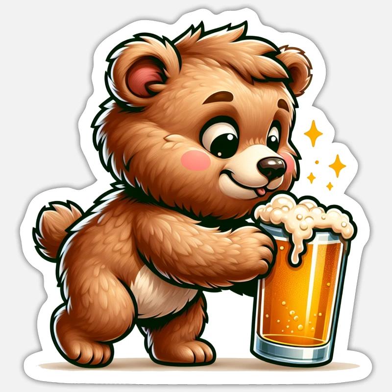 Cute Bear Drinking Beer - Sticker Größe S (10 x 10 cm) - Mattweiß