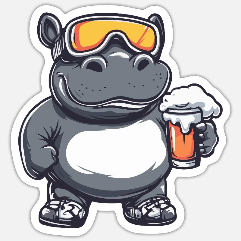 Nilpferd Apres Ski Bier Comic Sticker Größe S (10 x 10 cm)