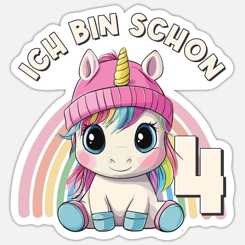 4. Geburtstag Einhorn Regenbogen Süß Niedlich - Sticker Größe S (10 x 10 cm) - Mattweiß