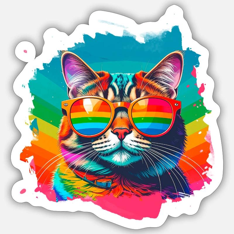Chat, Lunettes De Soleil, LGTB, Arc-en-ciel, Coloré - Sticker taille S (10 x 10 cm) - blanc mat