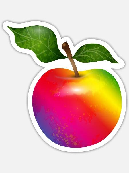 Bunter Regenbogen-Apfel mit Blättern Illustration - Sticker Größe S (10 x 10 cm) - Mattweiß