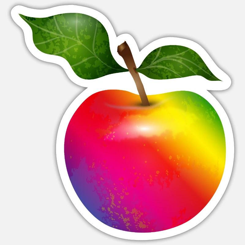 Bunter Regenbogen-Apfel mit Blättern Illustration - Sticker Größe S (10 x 10 cm) - Mattweiß