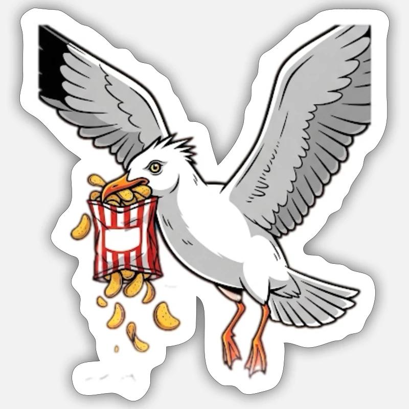 Seagull with Chips Snack Design - Sticker size S (10 x 10 cm) - white matte