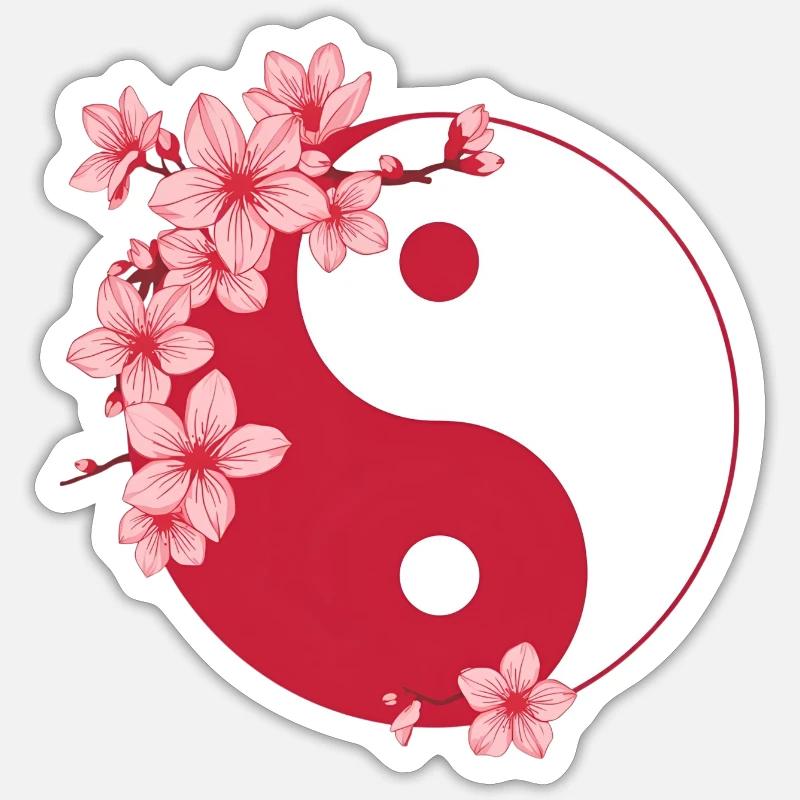 Yin-Yang avec des fleurs de cerisier dans des tons roses - Sticker taille S (10 x 10 cm) - blanc mat