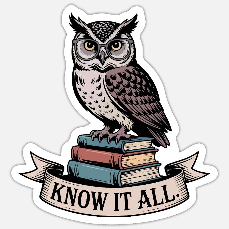 Eule auf Büchern weiß alles - Sticker Größe S (10 x 10 cm) - Mattweiß