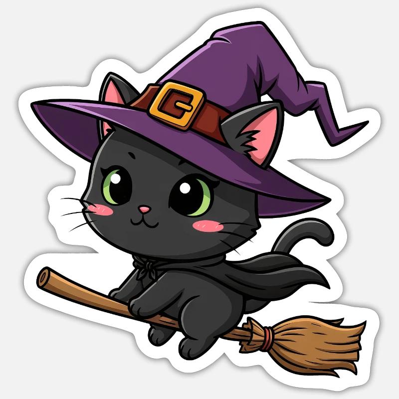 Mignon Halloween Sorcière Dessin Animé Chat Balai Octobre - Sticker taille S (10 x 10 cm) - blanc mat