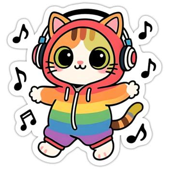 Regenbogenkatze DJ Hoodie Musiknotizen - Sticker Größe S (10 x 10 cm) - Mattweiß - Vorne