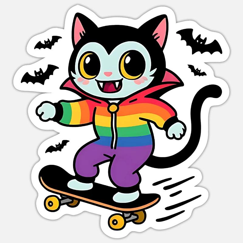 Rainbow Vampire Cat Skateboarding - Sticker size S (10 x 10 cm) - white matte